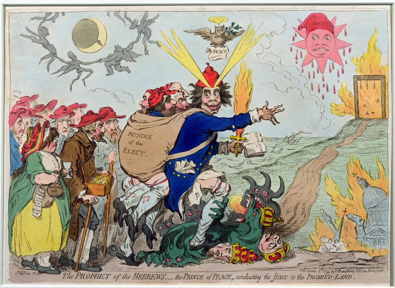 Der Prophet der Hebräer: der Friedensfürst führt die Juden ins Gelobte Land, veröffentlicht von Hannah Humphrey 1795 (handkolorierte Radierung) von James Gillray