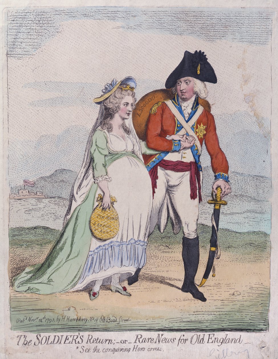 Die Rückkehr der Soldaten oder Seltene Nachrichten für Alt-England, veröffentlicht von Hannah Humphrey im Jahr 1791 von James Gillray