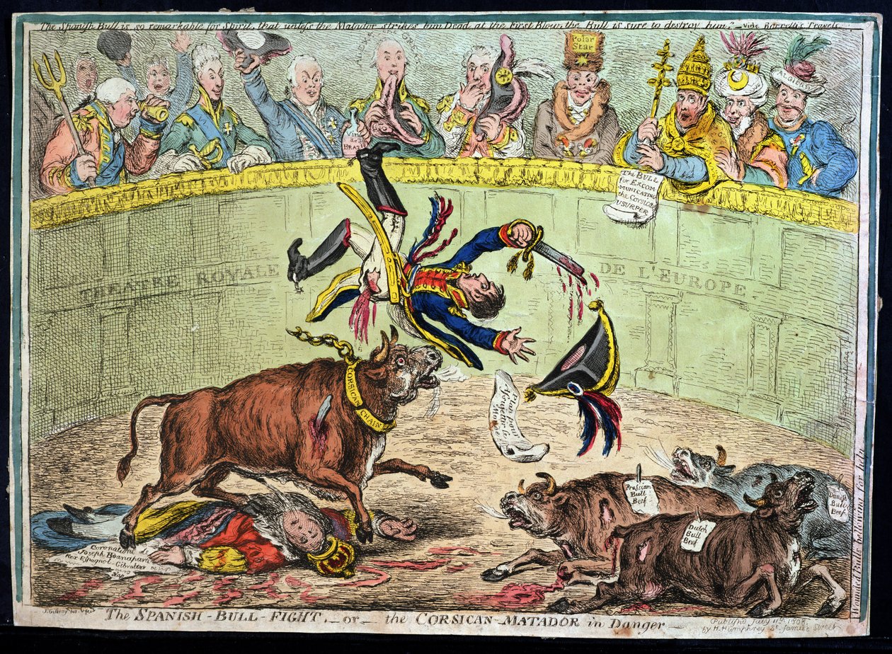 Der spanische Stierkampf oder Der korsische Matador in Gefahr, veröffentlicht von Hannah Humphrey im Jahr 1808 von James Gillray
