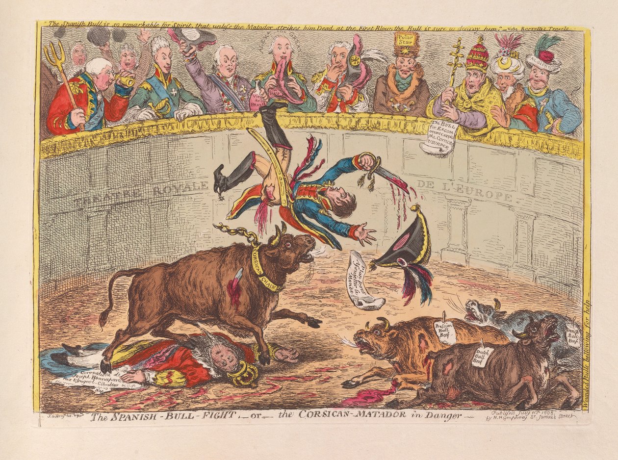 Der spanische Stierkampf oder der korsische Matador in Gefahr, veröffentlicht 1805 von James Gillray