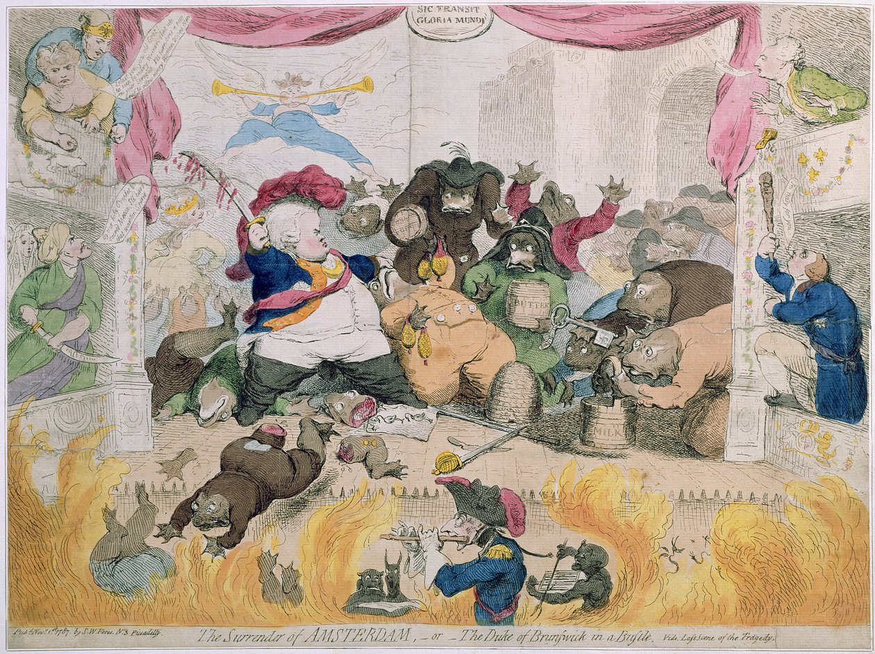 Die Kapitulation von Amsterdam oder Der Herzog von Braunschweig in Aufruhr, veröffentlicht von S.W. Fores 1787 (handkolorierte Radierung) von James Gillray