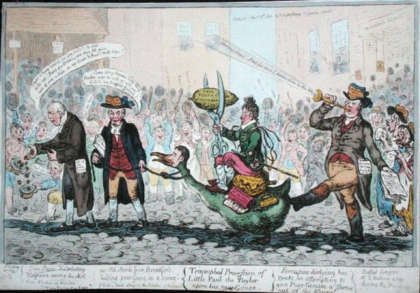 Der Triumphzug des kleinen Paul der Schneider auf seiner neuen Gans, veröffentlicht 1806 von James Gillray