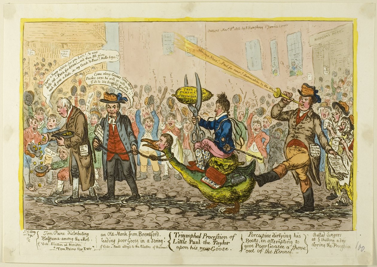 Triumphzug des kleinen Paul, der Schneider, auf seiner neuen Gans von James Gillray