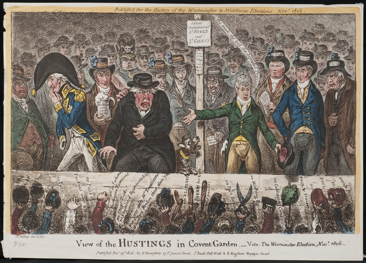 Ansicht der Wahltribüne in Covent Garden – siehe die Westminster-Wahl, November 1806 von James Gillray