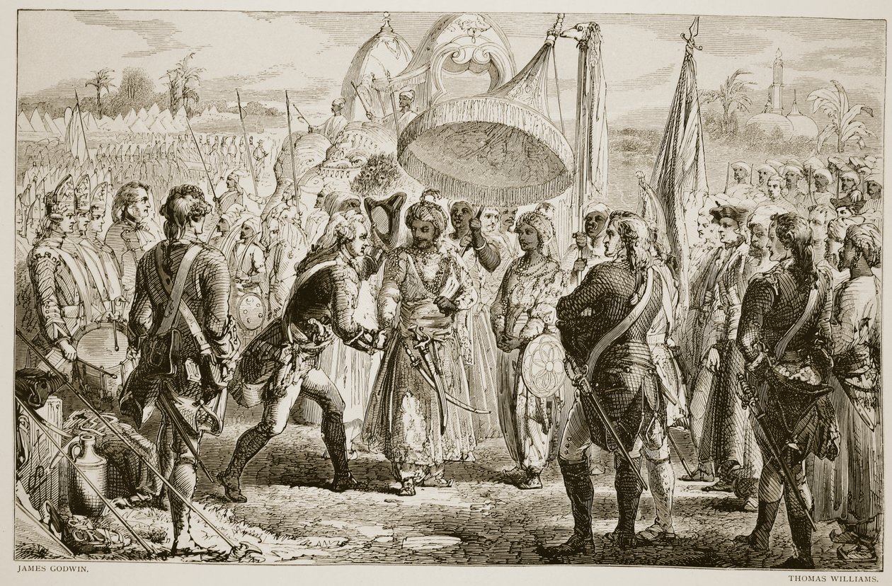 Das Treffen von Lord Clive mit Meer Jaffier nach der Schlacht von Plassey, graviert von Thomas Williams von James Godwin