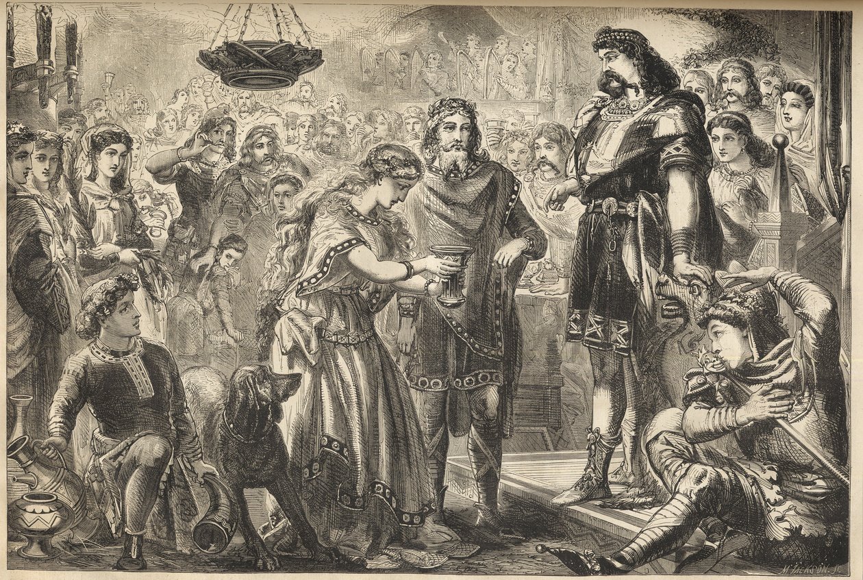 Vortigern (Gwrtheyrn) (5. Jahrhundert) König der Bretonen und Rowena - Rowena, Tochter von Hengist, bietet Vortigern, dem Stammeskönig der Briten, Wein an - Vortigern, König von Britannien, verliebt sich in Rowena beim Bankett von Hengist, dem sächsischen  von James Godwin
