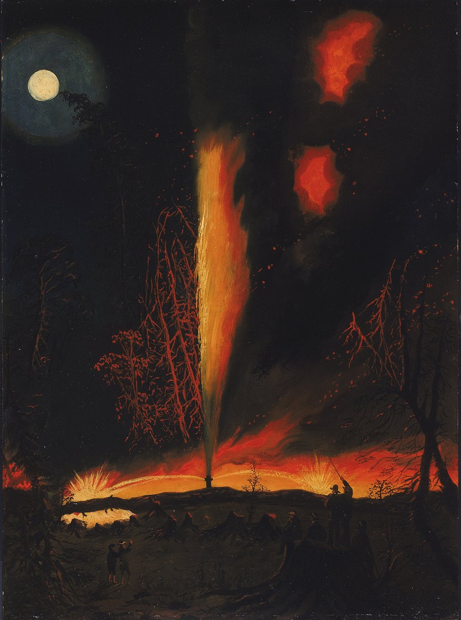 Brennender Ölbrunnen bei Nacht, nahe Rouseville, Pennsylvania von James Hamilton
