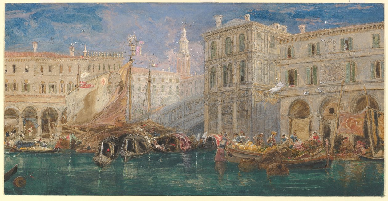 Der Orangenmarkt, mit der Rialtobrücke im Hintergrund, Venedig von James Holland