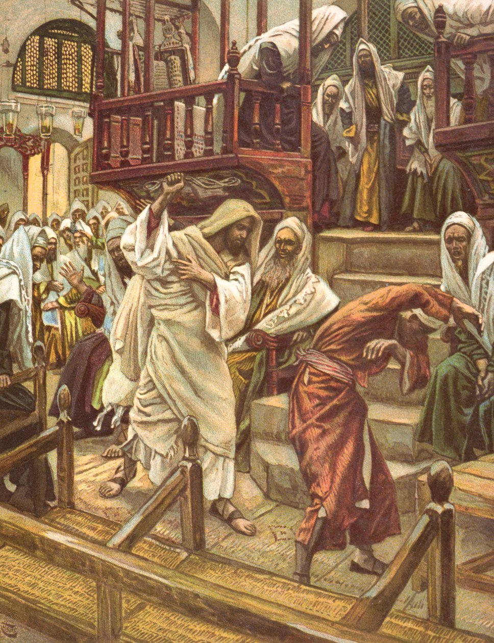 Jesus heilt einen von einem Dämon besessenen Mann in der Synagoge, Illustration für 