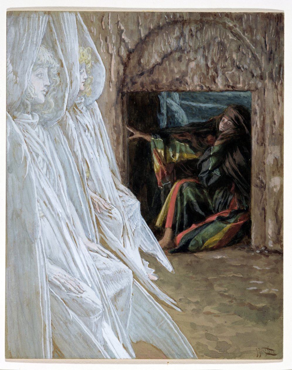 Maria Magdalena befragt die Engel im Grab, Illustration für Das Leben Christi von James Jacques Joseph Tissot