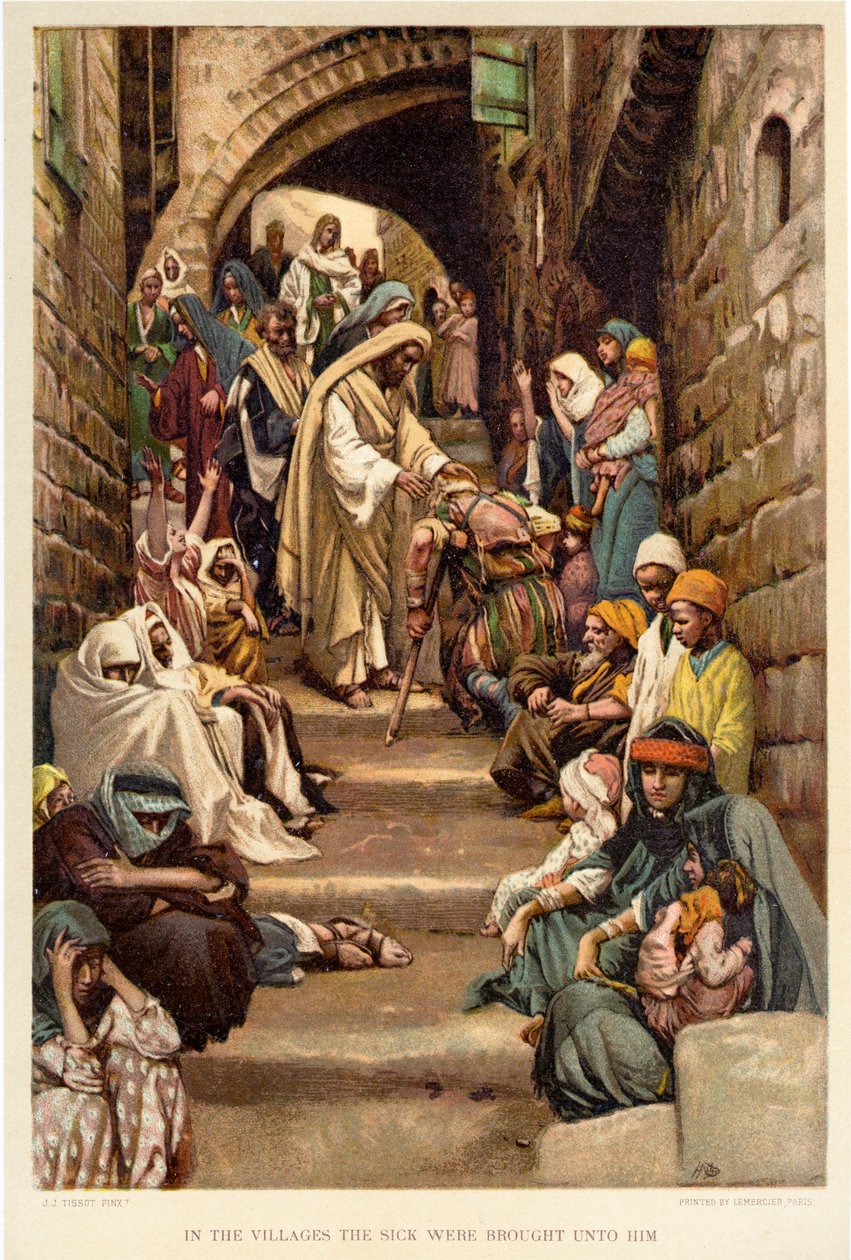 In den Dörfern wurden die Kranken zu ihm gebracht - Bibel von James Jacques Joseph after Tissot