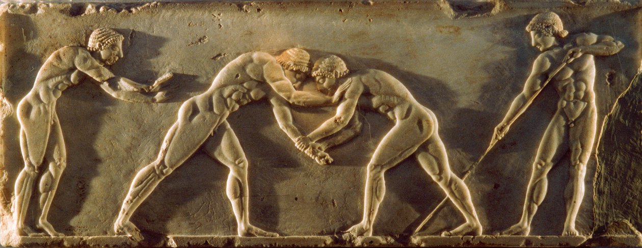 Antike griechische Athleten dargestellt auf einem Basrelief aus dem 6. Jahrhundert v. Chr. Nationales Archäol... von James L Stanfield