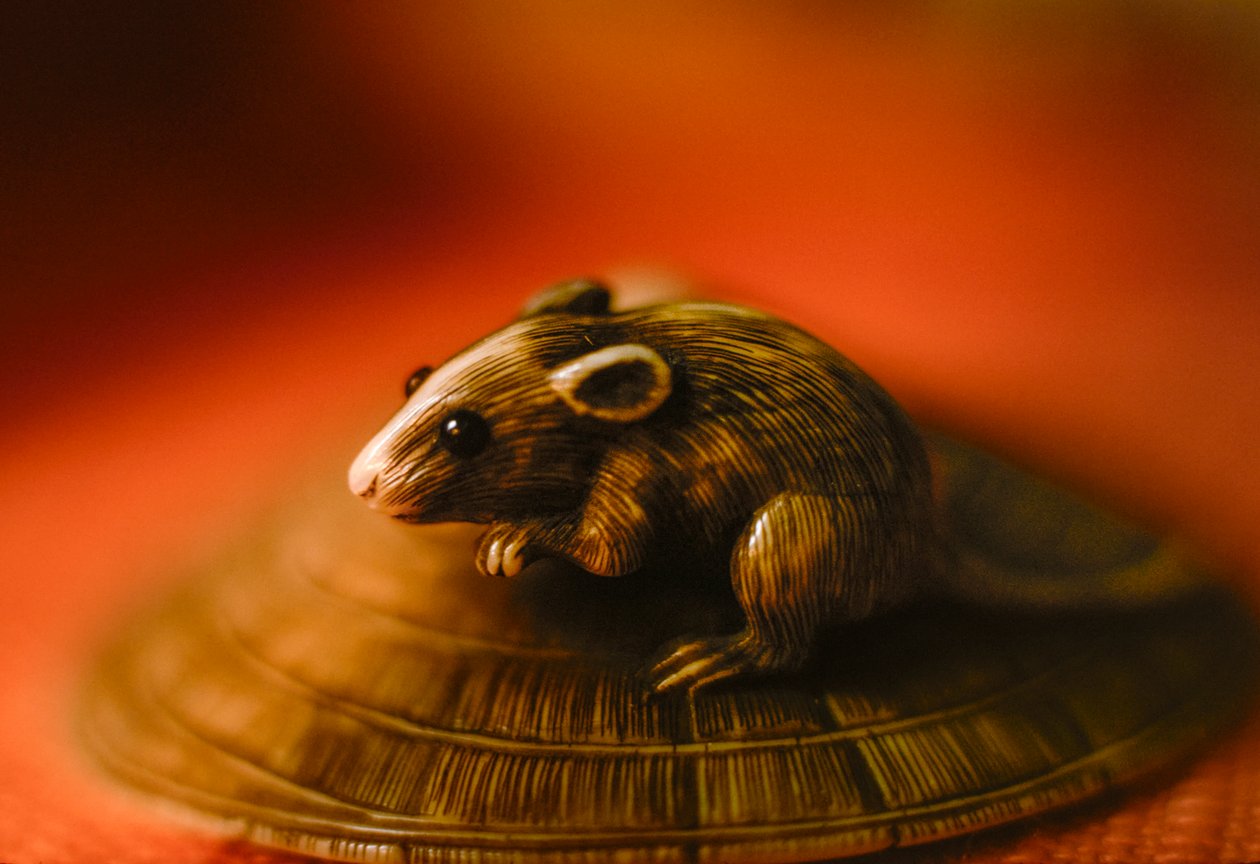 Antike japanische Elfenbein-Netsuke-Miniaturskulptur einer Ratte von James L Stanfield