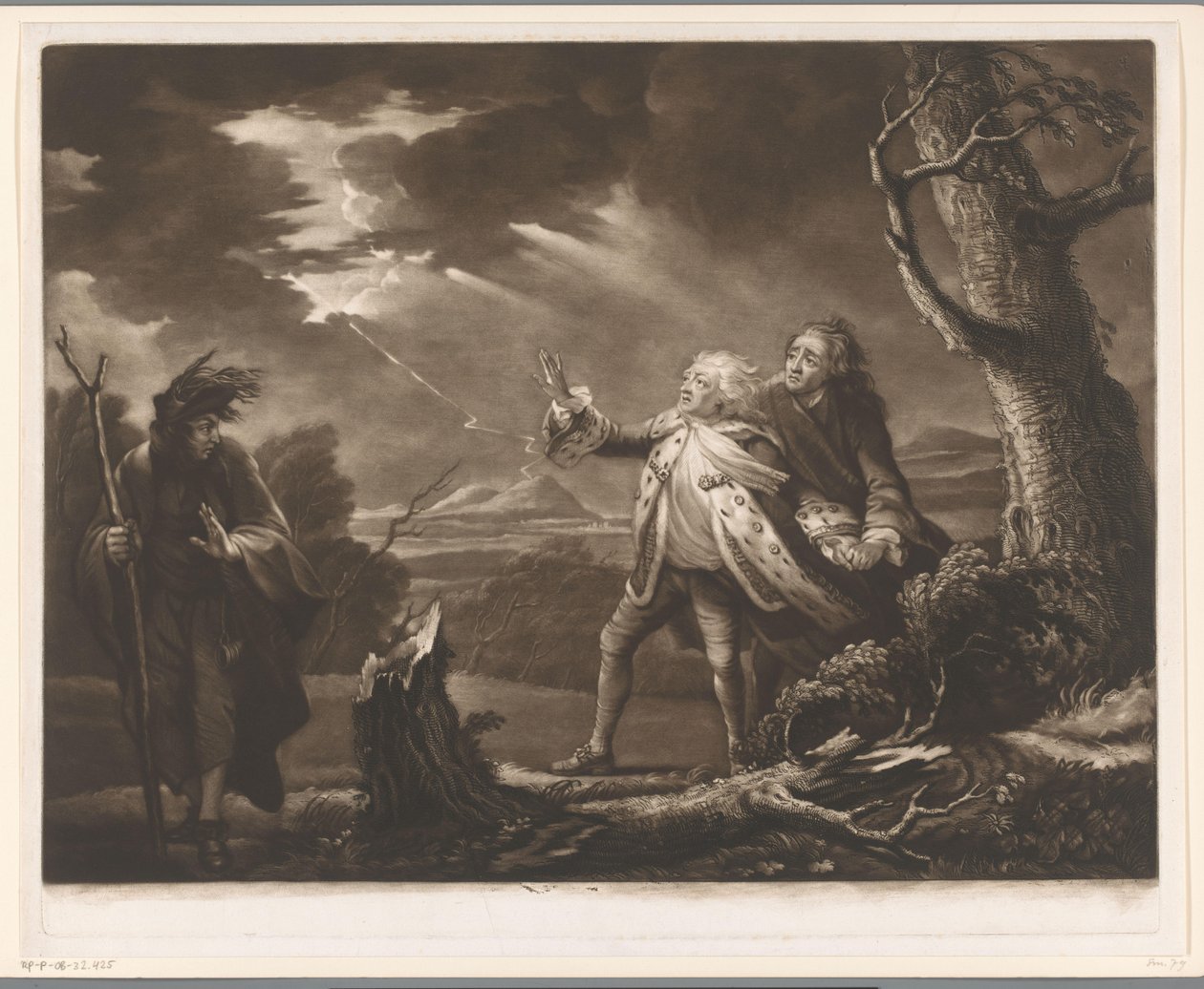 David Garrick als König Lear mit dem Grafen von Kent und Edgar als Tom verkleidet in einer stürmischen Landschaft von James McArdell