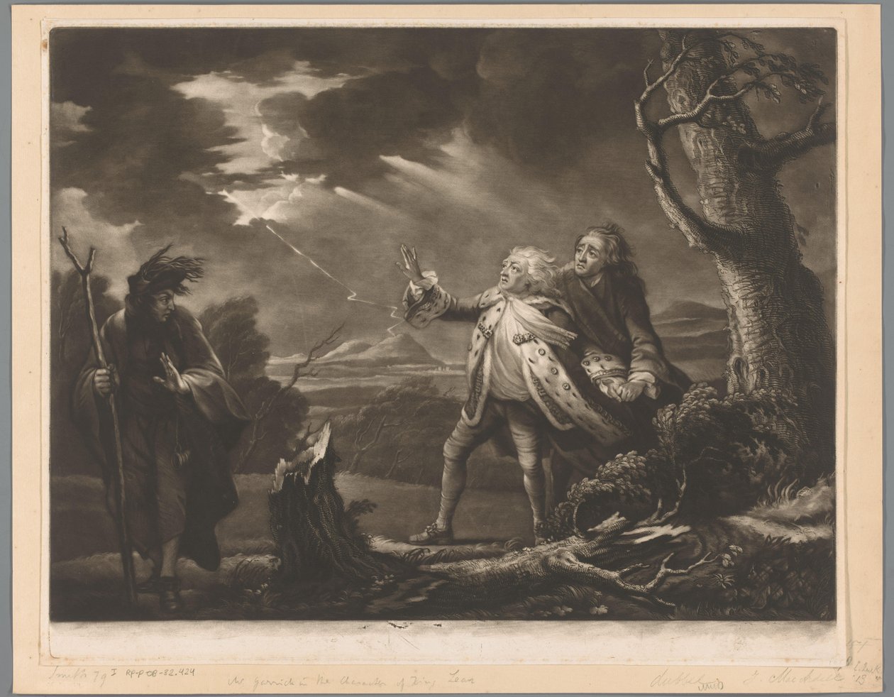 David Garrick als König Lear mit dem Grafen von Kent und Edgar als Tom verkleidet in einer stürmischen Landschaft von James McArdell