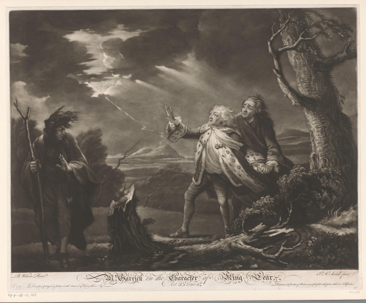 David Garrick als König Lear mit dem Grafen von Kent und Edgar verkleidet als Tom in einer stürmischen Landschaft von James McArdell