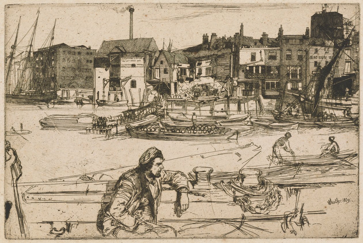 Black Lion Wharf, aus dem Thames Set (Eine Serie von sechzehn Radierungen von Szenen an der Themse und anderen Motiven) von James Abbott McNeill Whistler