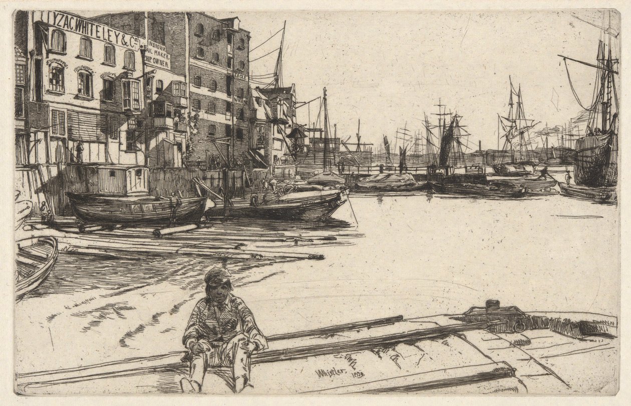 Eagle Wharf (Tyzac, Whiteley & Co.), aus der Thames Set (Eine Serie von sechzehn Radierungen von Szenen an der Themse und anderen Motiven) von James Abbott McNeill Whistler