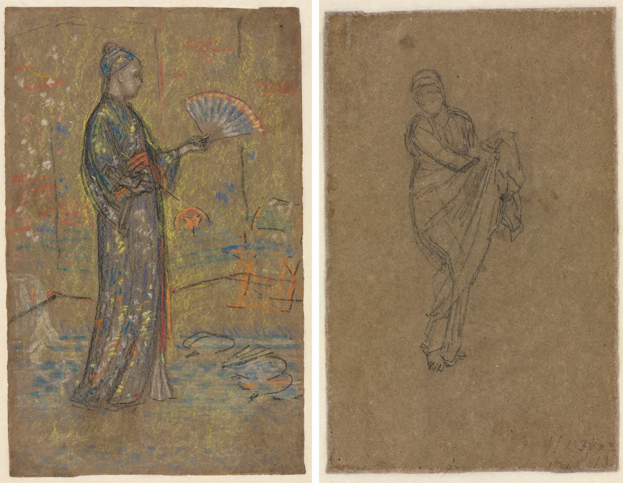 Japanische Frau malt einen Fächer (recto); Stehende Frau hebt ihr Kleid (verso) von James McNeill Whistler
