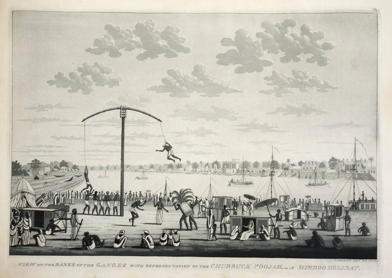 Ansicht der Ufer des Ganges mit Darstellung des Churruck Poojah, veröffentlicht 1810 (Gravur) von James Moffat