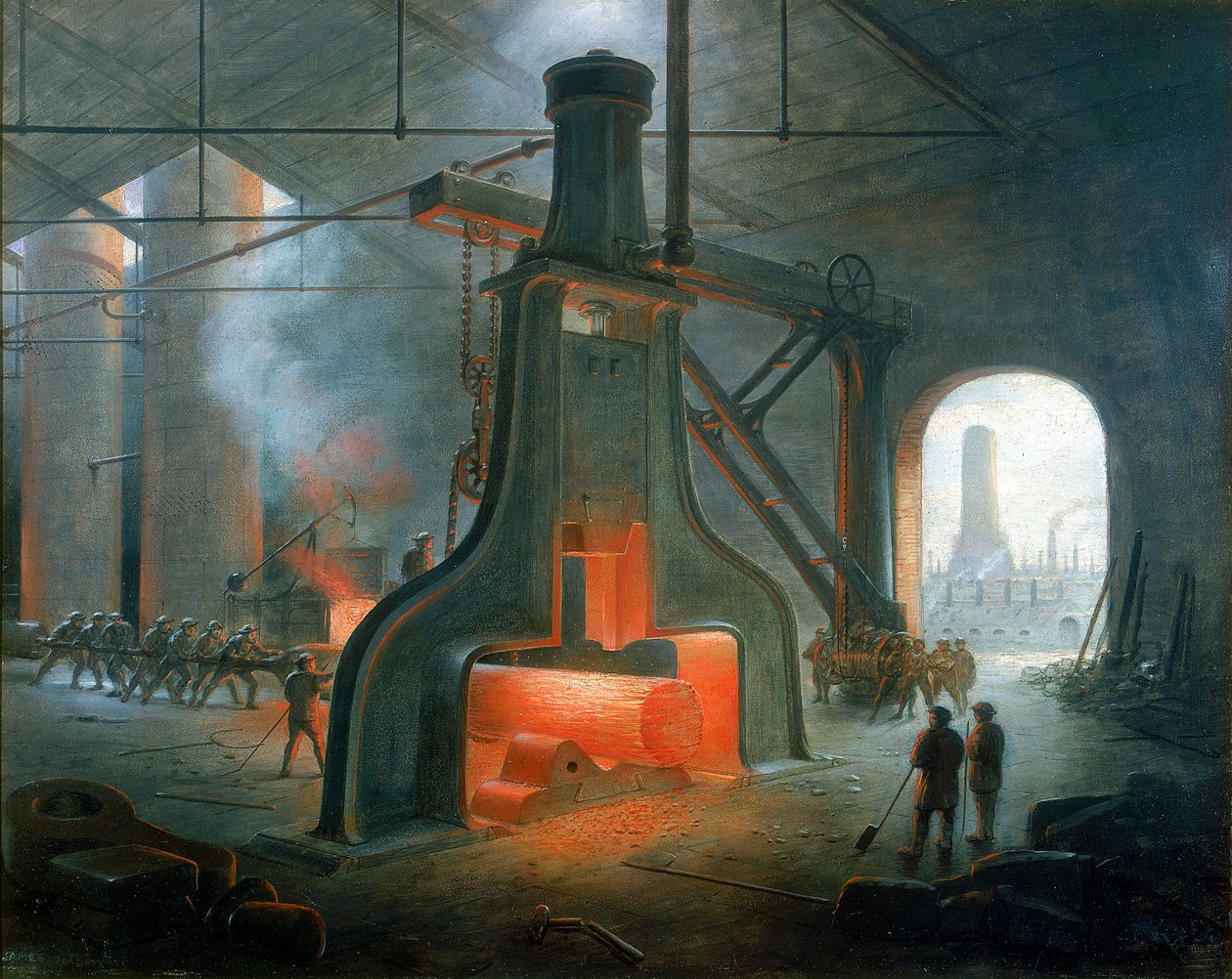 James Nasmyths Dampfhammer, errichtet in seiner Gießerei bei Manchester, 1832 von James Nasmyth