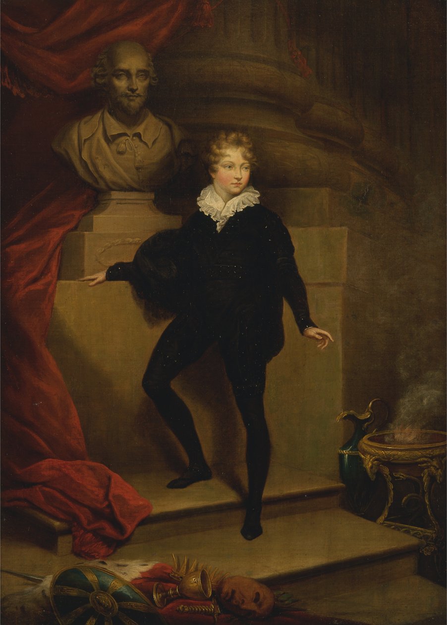 Meister Betty als Hamlet, vor einer Büste von Shakespeare von James Northcote