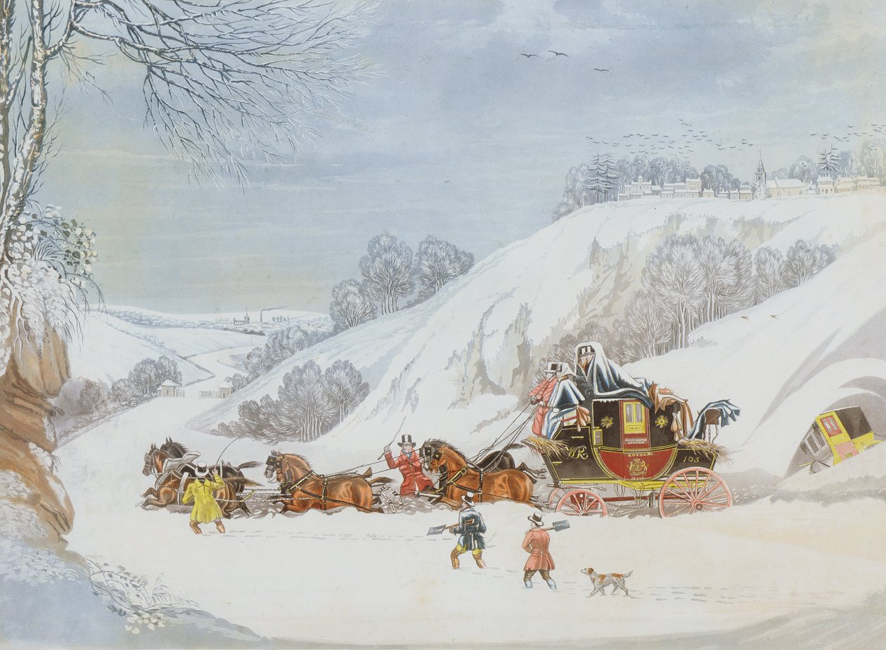 Ein Postbote im tiefen Schnee, graviert von George Hunt von James Pollard