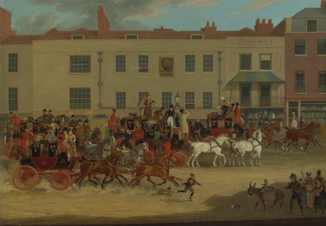 Nordländische Postkutschen am Peacock, Islington von James Pollard
