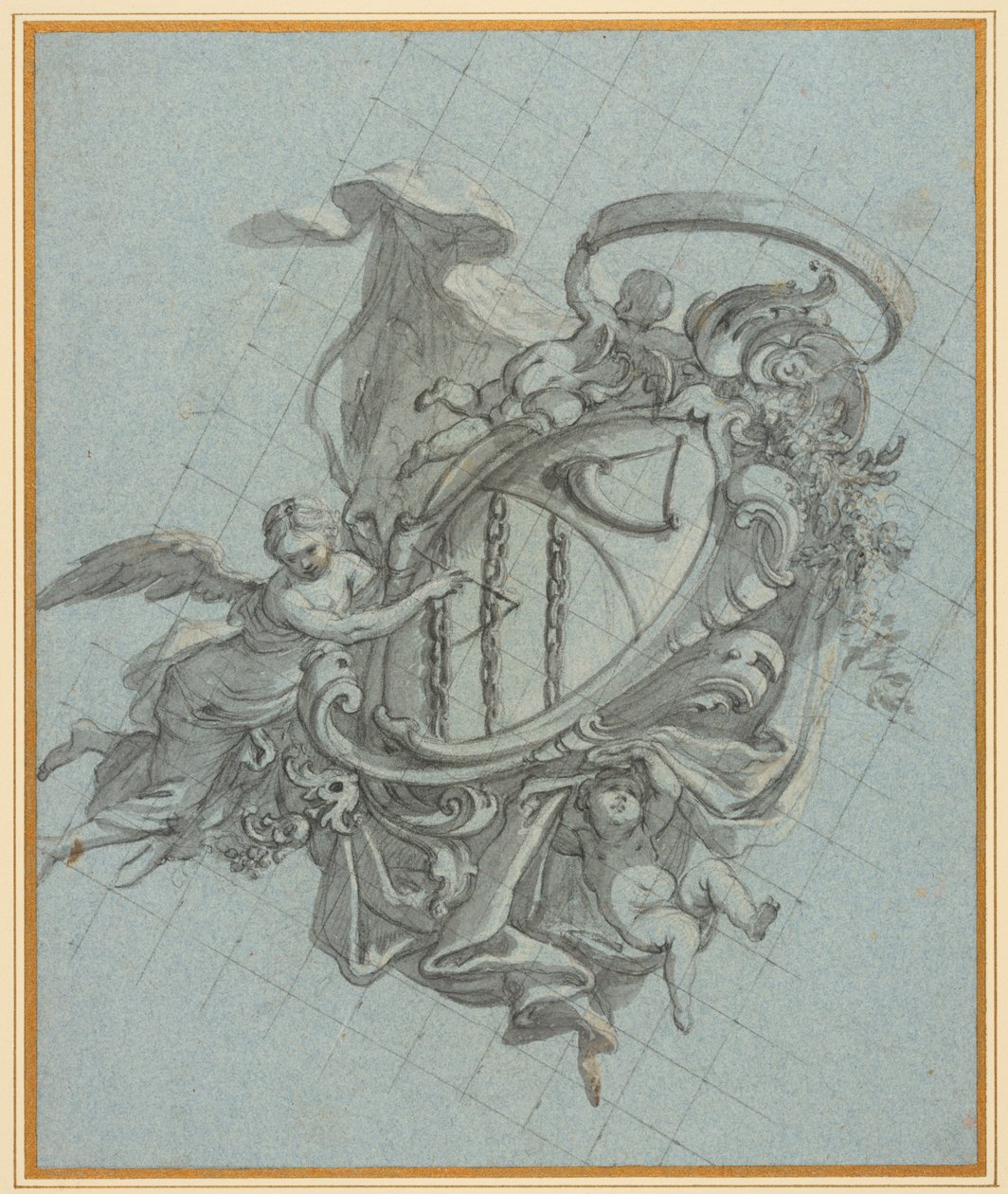 Ein Wappen mit einem Horn und drei Ketten, gehalten von einem Engel und zwei Putti von James Thornhill