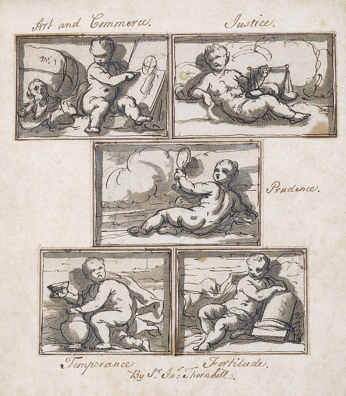 Kunst und Handel; Gerechtigkeit; Klugheit; Mäßigung; und Tapferkeit von James Thornhill