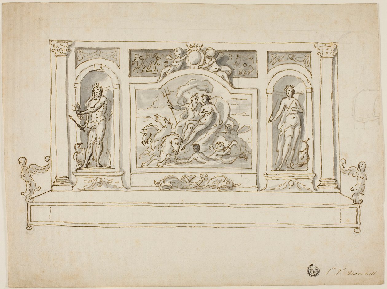 Neptun und Amphitrite flankiert von Jupiter und Juno: Entwurf für bemalte Halle oder Gartenbank von James Thornhill
