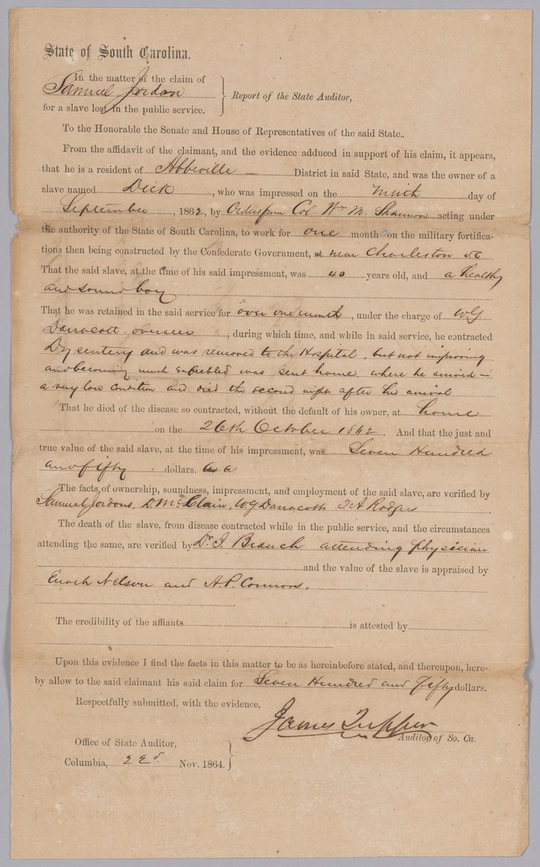 Anspruch des konföderierten Staates South Carolina für den versklavten Mann Dick, 23. November 1864 von James Tupper