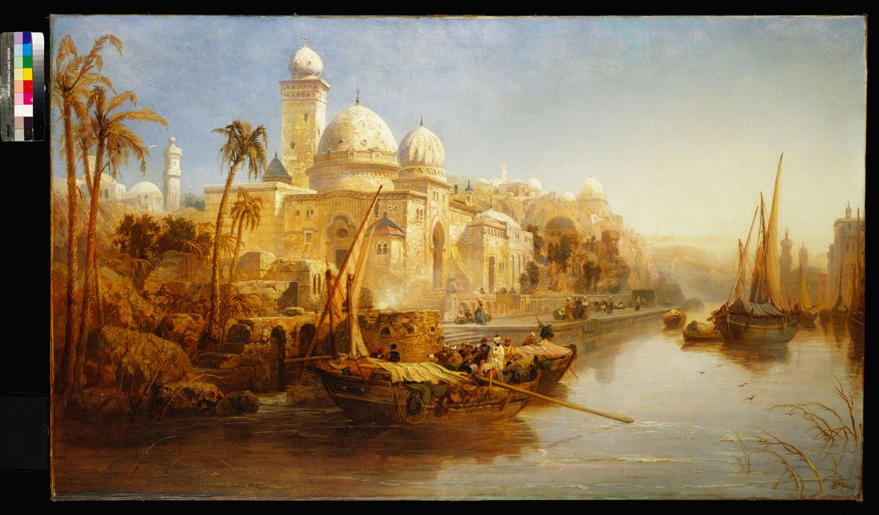 Schiffe, die an den Stufen eines maurischen Palastes festgemacht sind, 1875 von James Webb