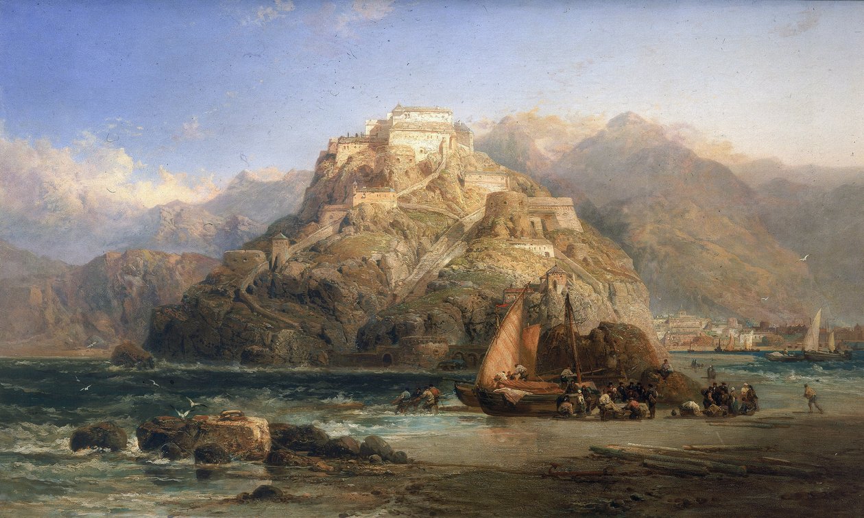 Ansicht von San Sebastian, in der Mitte der Berg Urgull und die Gebäude des Schlosses Santa Cruz de la Mota von James Webb
