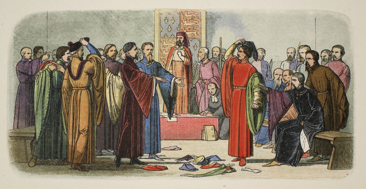 Albemarle und Fitzwalter tauschen Herausforderungen, aus A Chronicle of England BC 55 to AD 1485, veröffentlicht in London von James William Edmund Doyle