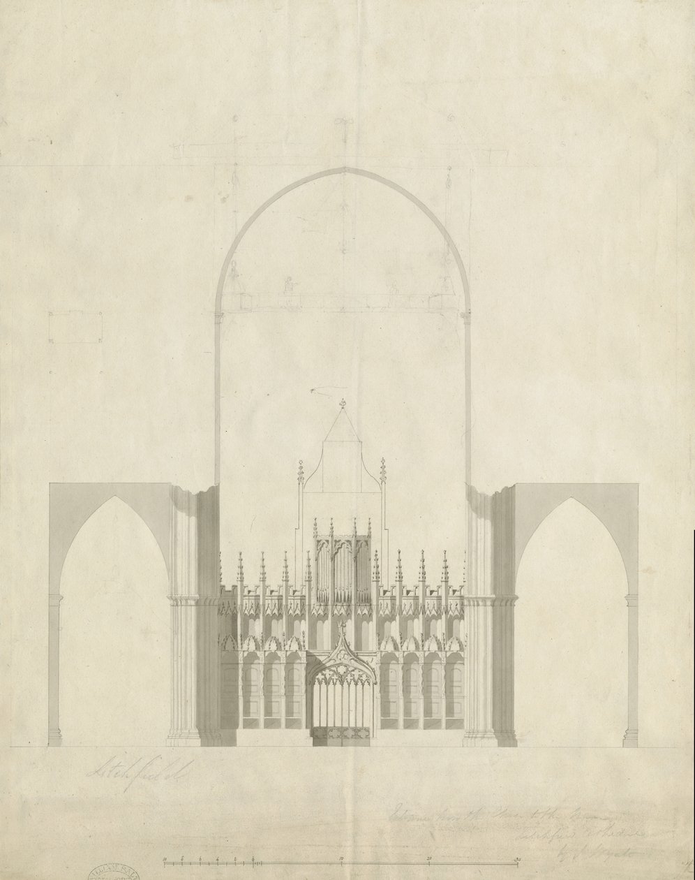 Innenraum der Kathedrale von Lichfield - Eingang vom Chor zum Kirchenschiff: Zeichnung und Waschung von James Wyatt