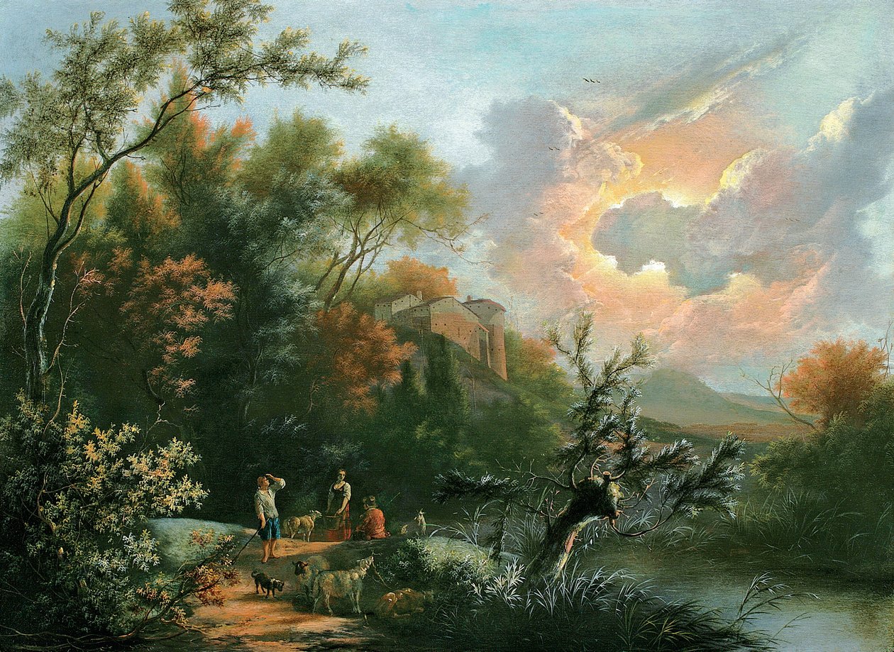 Eine italienische hügelige und bewaldete Flusslandschaft mit Hirten und ihrer Herde im Ruhestand von Jan Snellinck