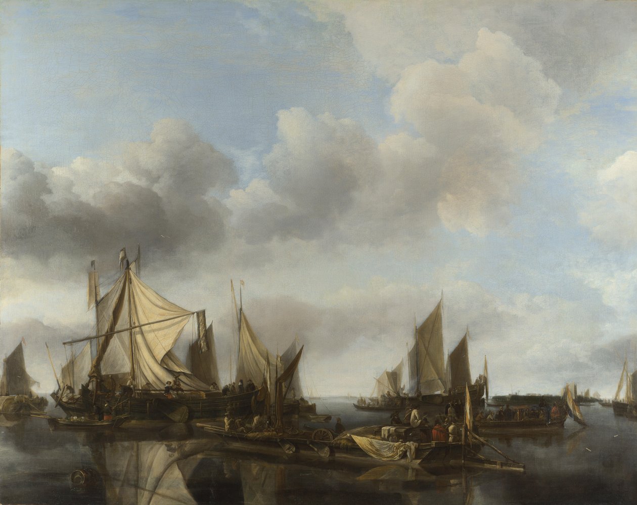 Flusslandschaft mit einer großen Fähre und zahlreichen Schiffen von Jan van de Cappelle