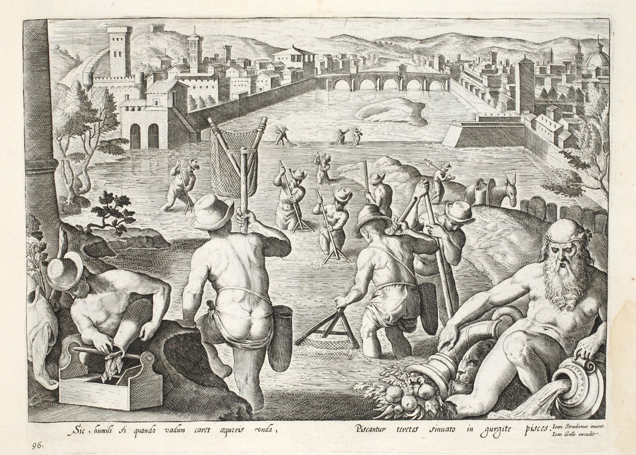Fischen in flachen Gewässern mit Netzen, Tafel 96, Illustration aus 