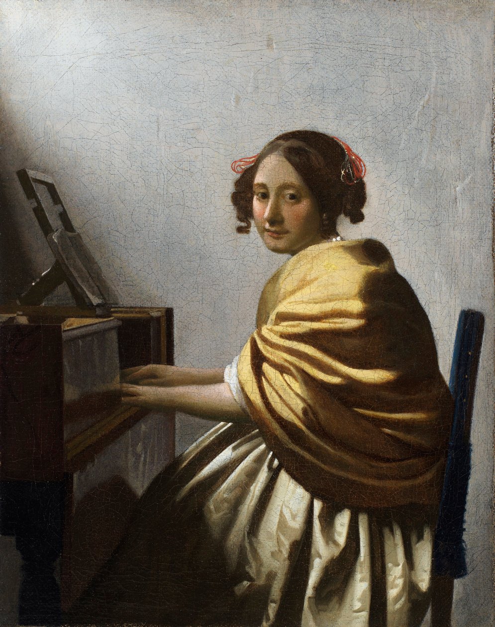 „Junge Frau, die am Virginal sitzt“ Gemälde von Jan Vermeer (Johannes) (1632-1675) um 1670, 25,1x20 cm, Privatsammlung von Johannes Vermeer