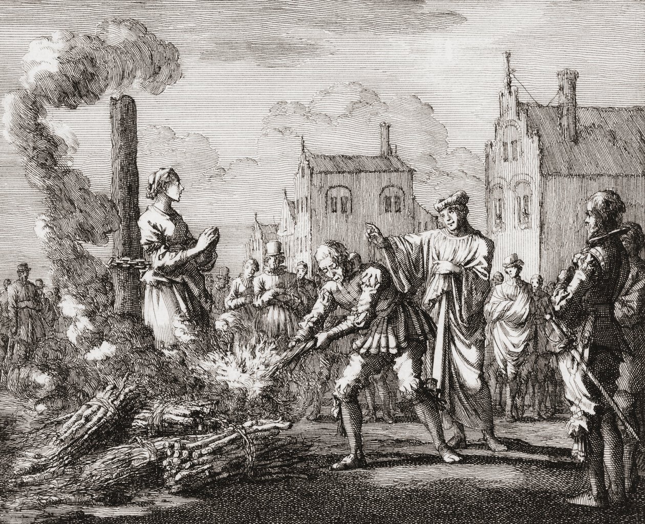 Eine Frau wird als Hexe auf dem Scheiterhaufen verbrannt von Jan (after) Luyken