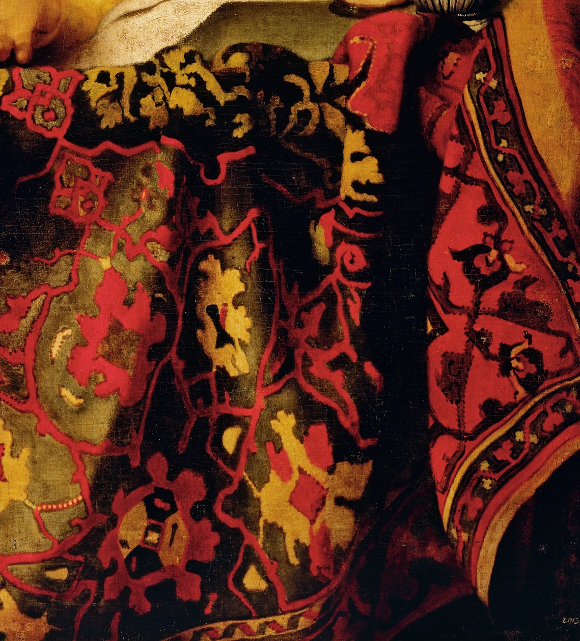 Besticktes Kleid, Detail aus Die Kupplerin von Jan (attr. to) Vermeer