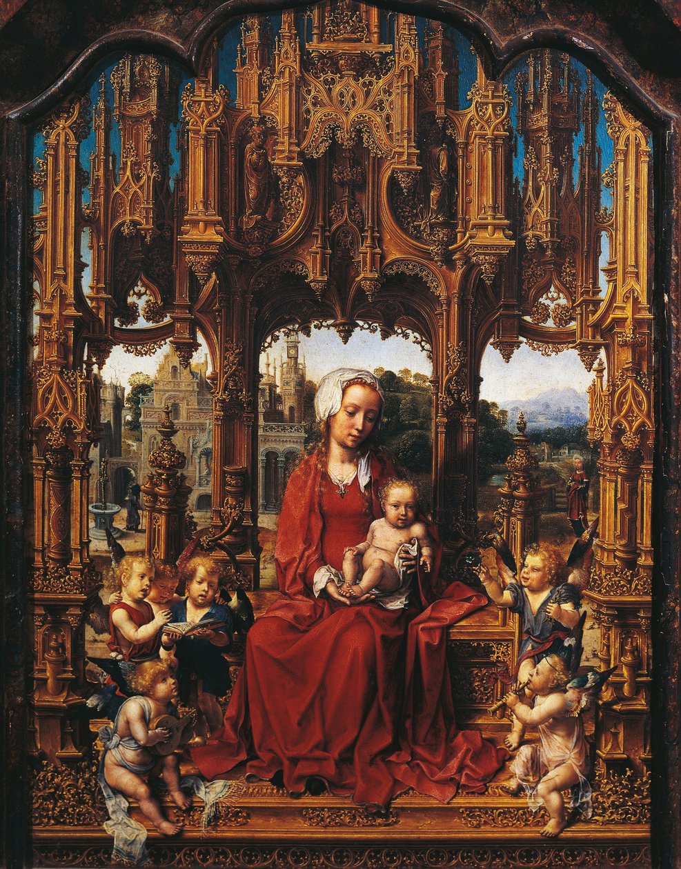 Madonna mit Kind und Engelmusikern, zentrales Panel des Malvern-Triptychons von Jan (c.1472 c.1533) Gossaert
