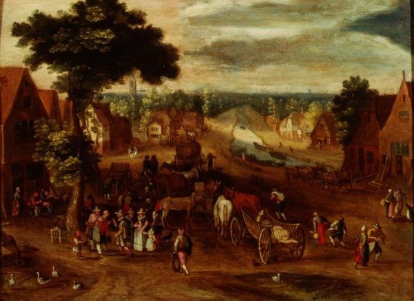 Ein Dorf mit Reisenden vor einem Gasthaus von Jan (follower of) Brueghel