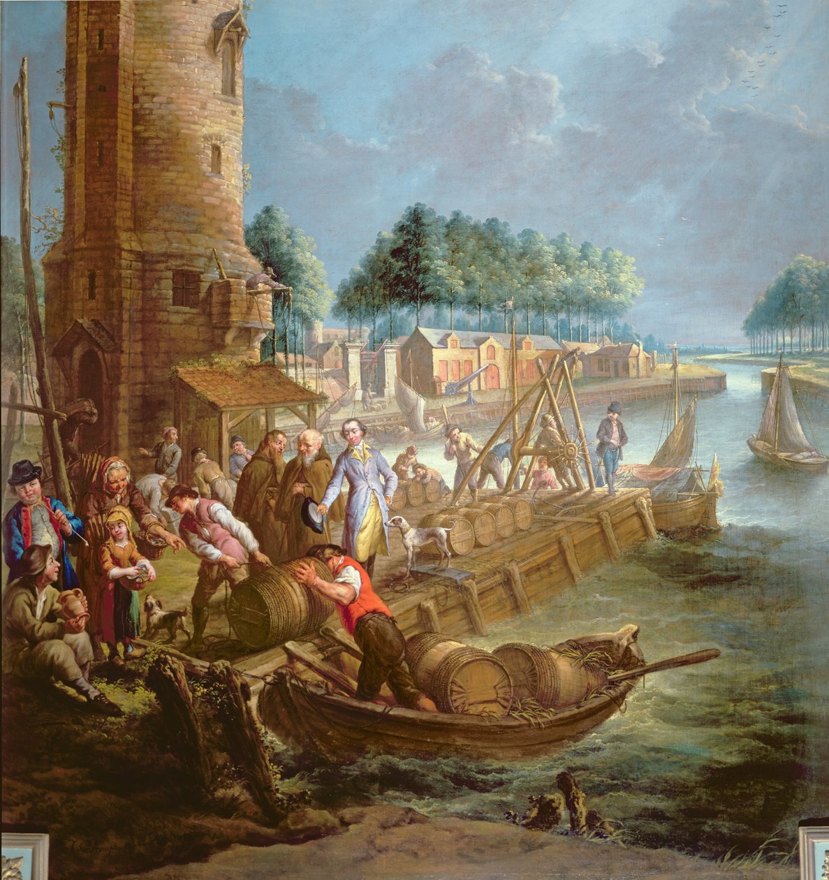 Kanalszene mit Weinhändler, der Fässer entlädt von Jan Anton Garemyn