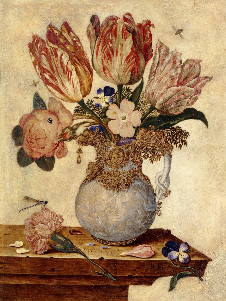 Tulpen, Vergissmeinnicht, Pfingstrosen und andere Blumen in einer Vase auf einem Sims von Jan Baptist van Fornenburgh