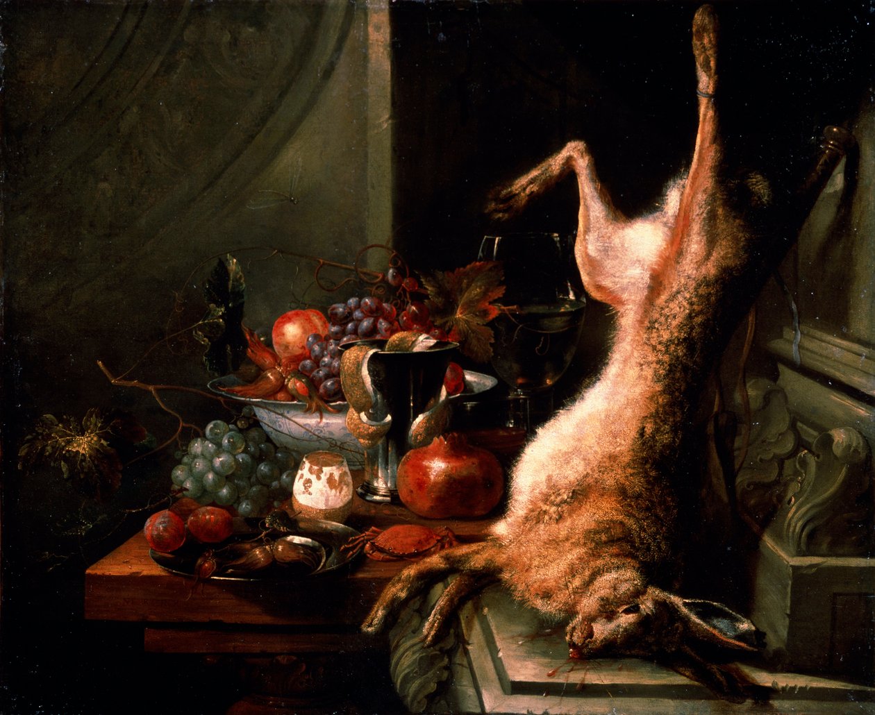 Stillleben mit einem Hasen von Jan Baptist van Moerkerke