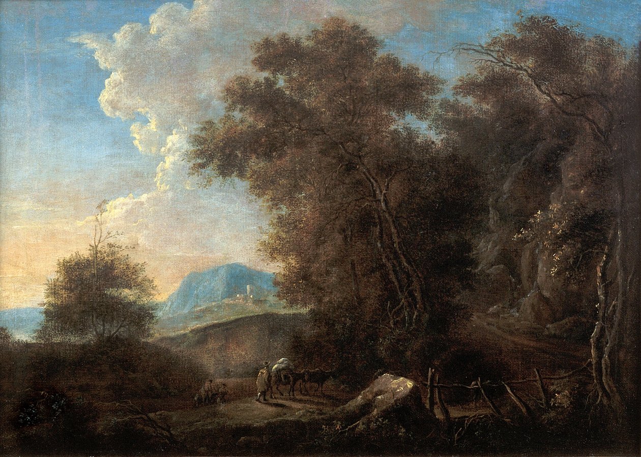 Felsige Landschaft mit Reisenden und Fußgängerbrücke von Jan Both