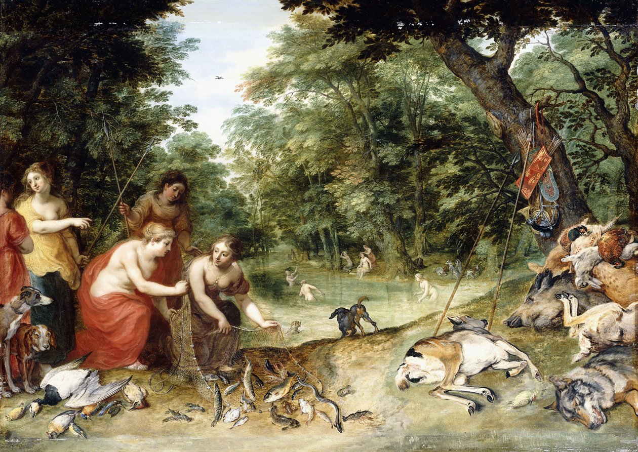 Eine Allegorie der Elemente, Erde, Luft und Wasser: Nymphen baden in einer bewaldeten Lichtung mit Jagdtrophäen in der Nähe, um 1621 von Jan Brueghel the Elder
