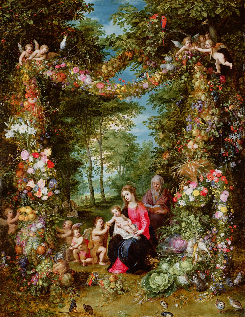 Die Jungfrau und das Kind mit dem kleinen Johannes dem Täufer, der Heiligen Anna und Engeln, umgeben von einem Blumen- und Früchtekranz von Jan Brueghel the Elder